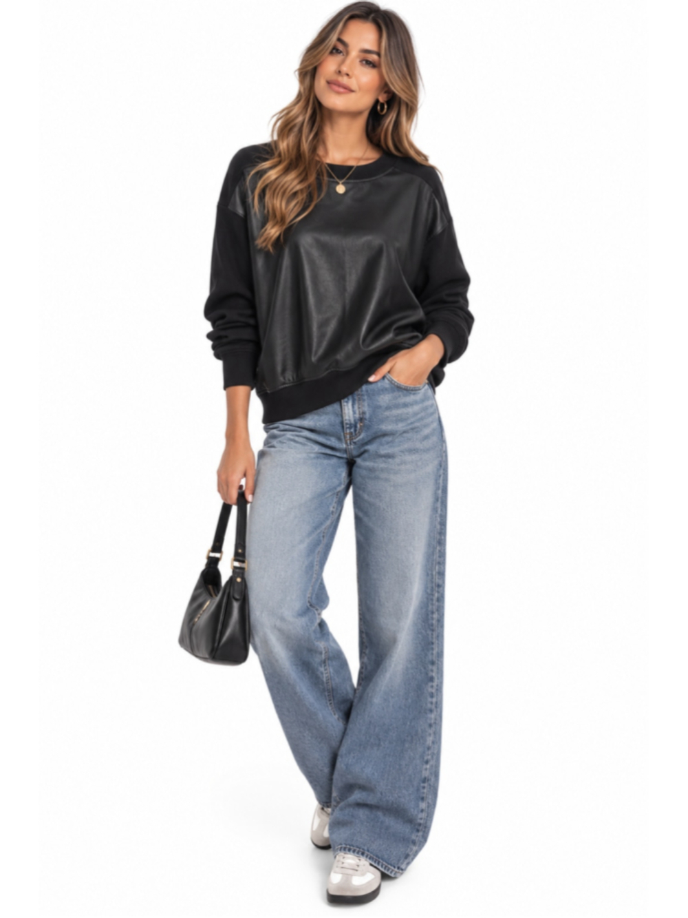 Alice + Olivia Black Faux Leather Front Mixed Media Sweatshirt Size L - Picture 6 of 6